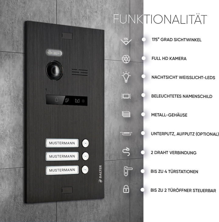Balter EVO-HD Video Türsprechanlage, Video Türklingel mit Kamera, 3 Familienhaus Klingel, Smartphone