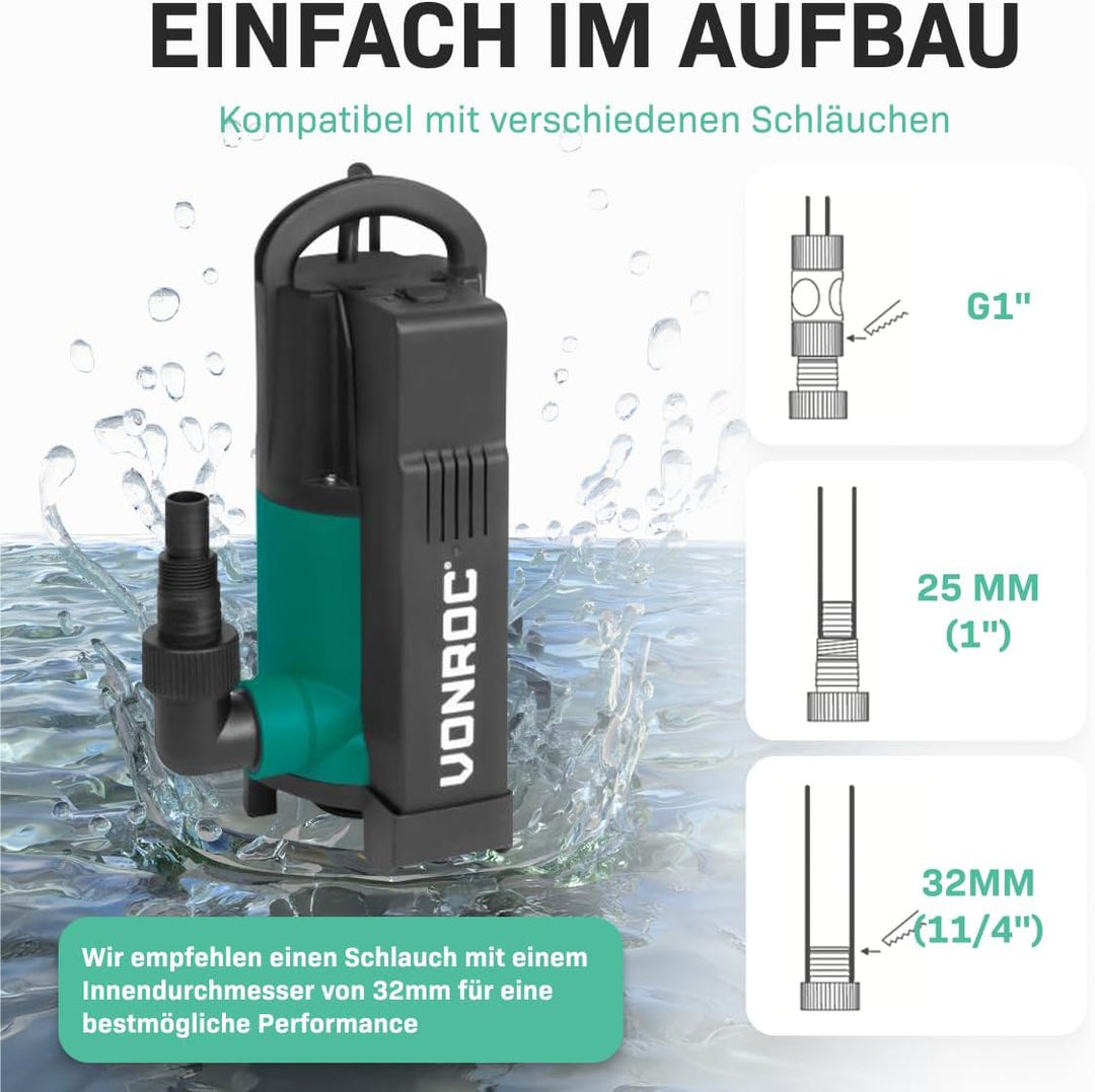 VONROC Tauchmotorpumpe 750W - 14000 l/h - Integrierter Schwimmer | Schmutz- und Klarwasser