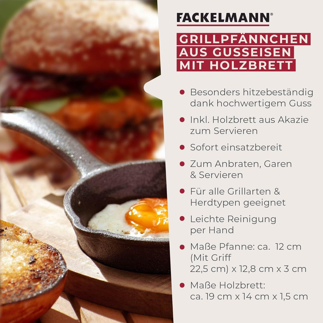FACKELMANN Pfännchen aus Gusseisen mit praktischem Holzuntersetzer – Runde Grillpfännchen aus Guss p