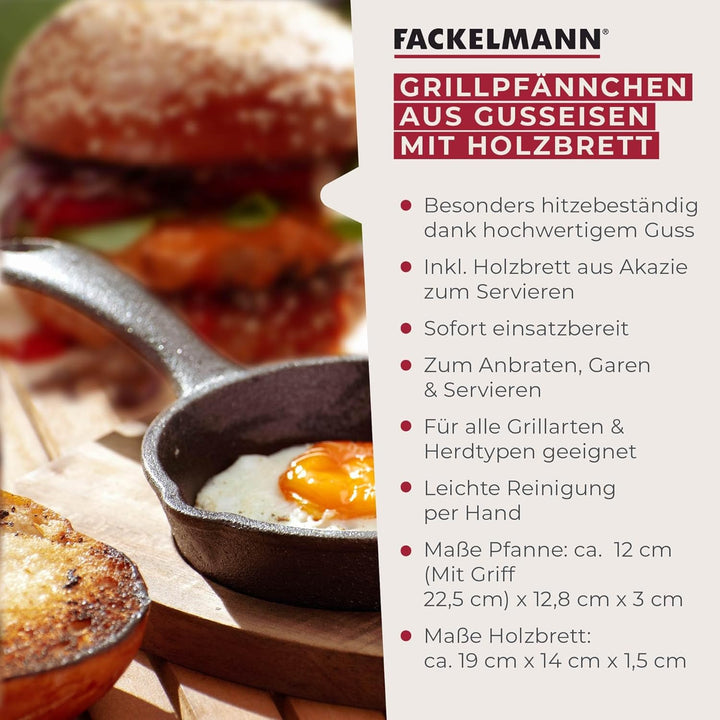 FACKELMANN Pfännchen aus Gusseisen mit praktischem Holzuntersetzer – Runde Grillpfännchen aus Guss p