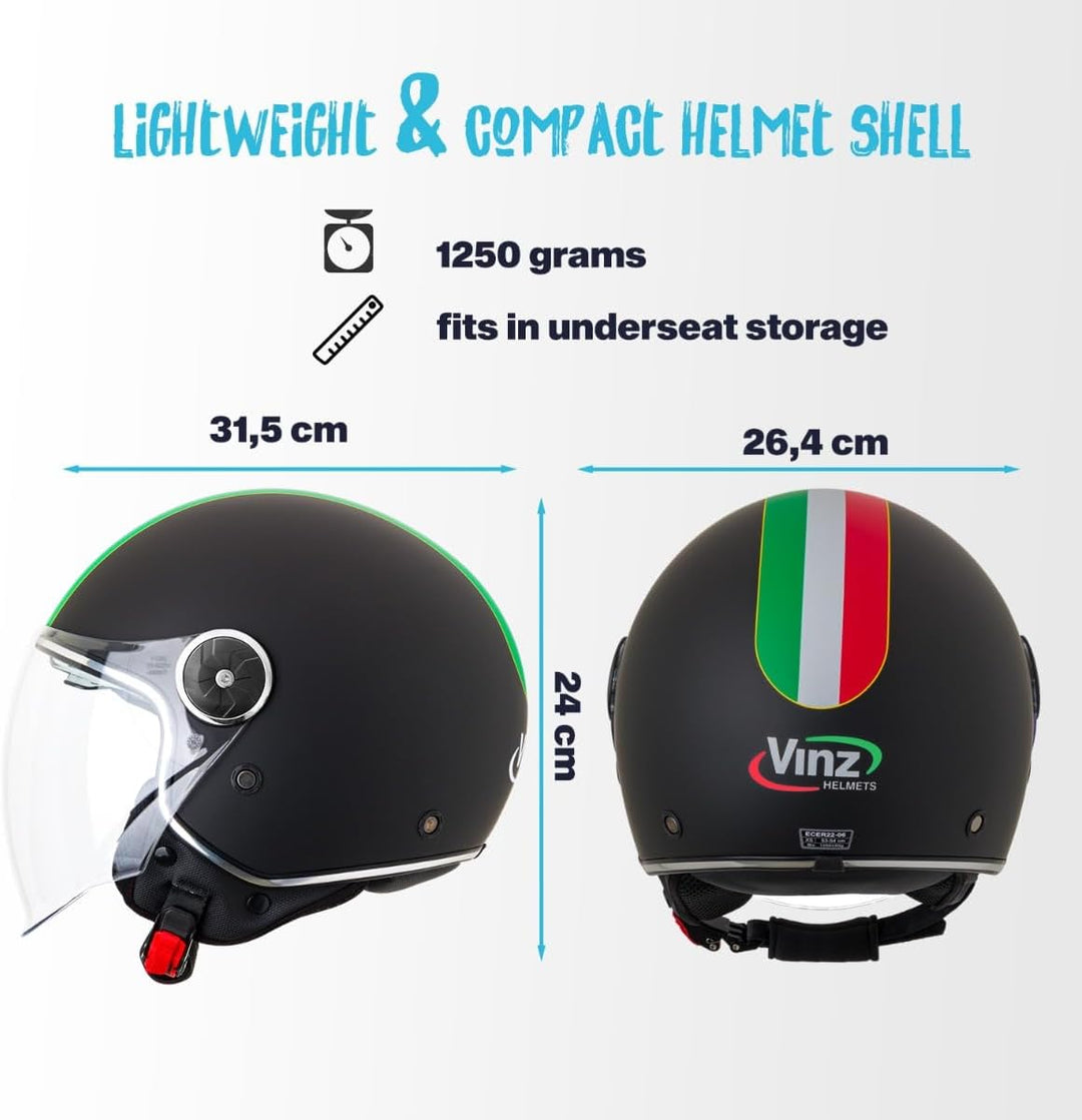 VINZ Neiva Jethelm mit Doppelvisier | Roller Helm mit Italienische Flagge & mit Sonnenblende | In Gr