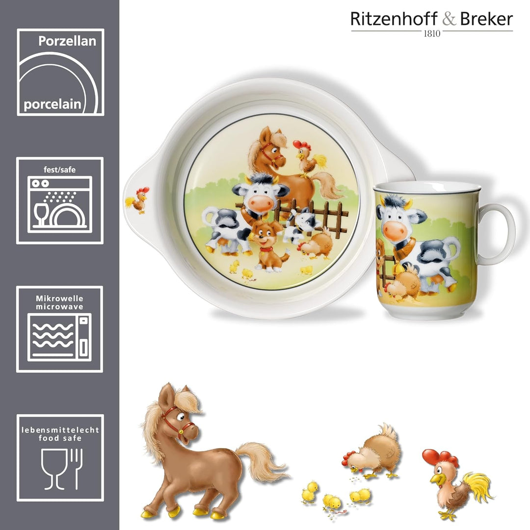 Ritzenhoff & Breker Kindergeschirr Set Hoftiere 2-teilig, Schale mit Griffen (500 ml) und Kinderbech