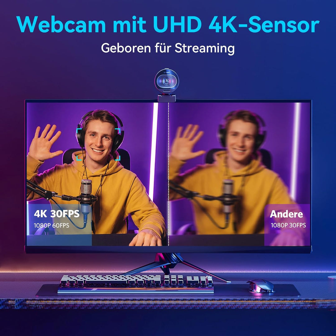 EMEET Webcam 4K S600, 1080P Webcam für PC mit Mikrofon, PDAF Autofokus, Lichtkorrektur, 73° Sichtfel