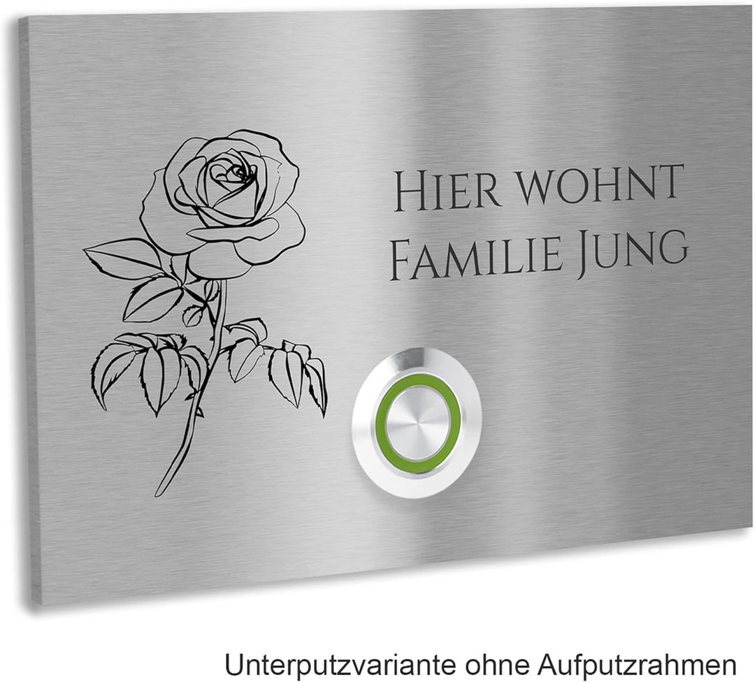 Jung-Edelstahl-Design V2A Edelstahl Türklingel London1 Motiv Rose. Klingelschild mit Gravur 12x8 cm.