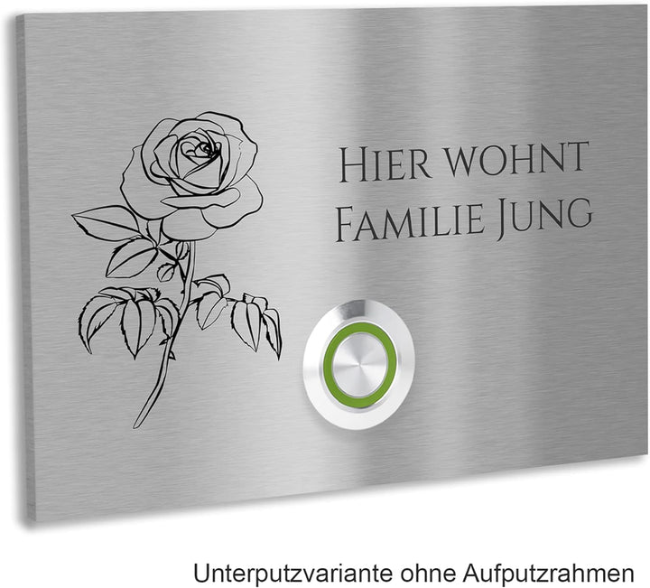 Jung-Edelstahl-Design V2A Edelstahl Türklingel London1 Motiv Rose. Klingelschild mit Gravur 12x8 cm.