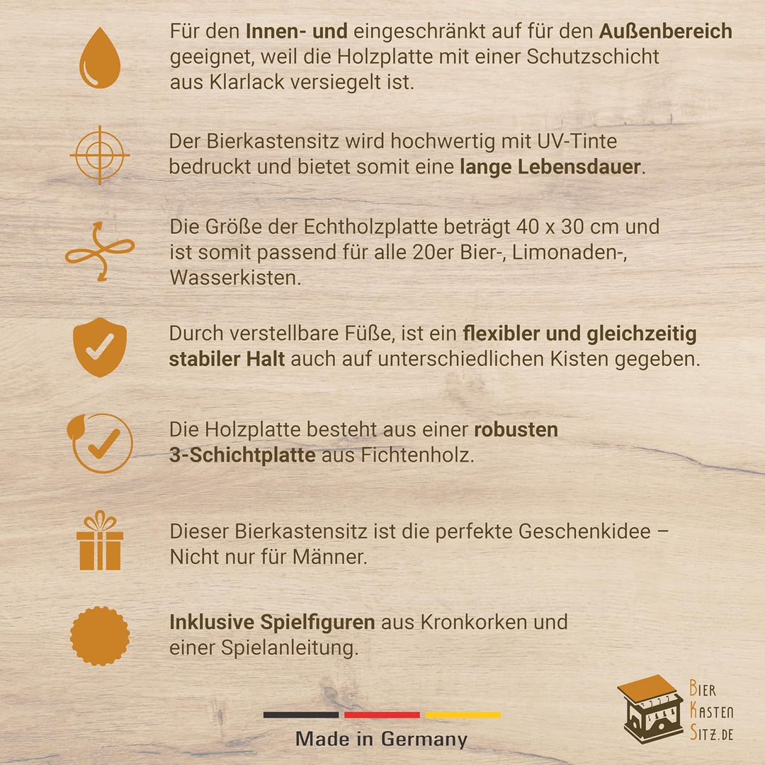 Bierkastensitz Raus mit dir inkl. Spielfiguren und Würfel als Geschenkidee, Sitzauflage aus Holz für