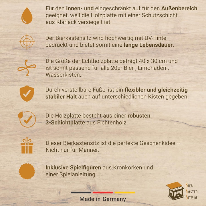 Bierkastensitz Raus mit dir inkl. Spielfiguren und Würfel als Geschenkidee, Sitzauflage aus Holz für