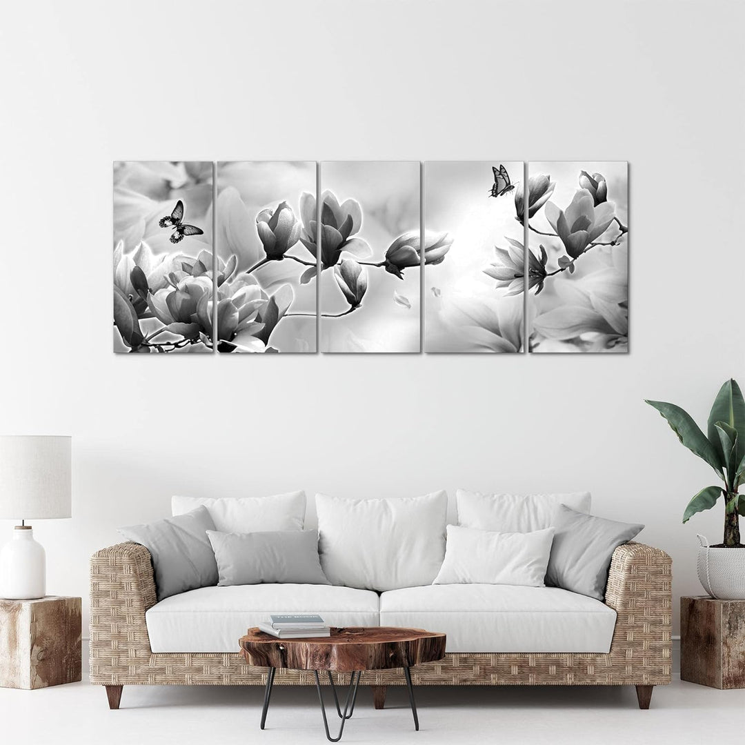 Runa Art Wandbild XXL Blumen Magnolien Wohnzimmer Schlafzimmer 200 x 80 cm Schwarz Weiss 5 Teilig -