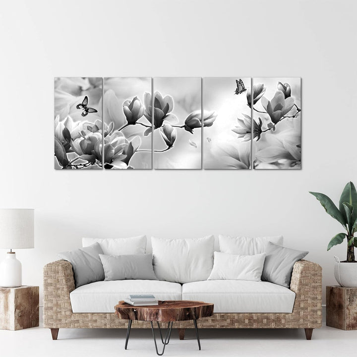 Runa Art Wandbild XXL Blumen Magnolien Wohnzimmer Schlafzimmer 200 x 80 cm Schwarz Weiss 5 Teilig -