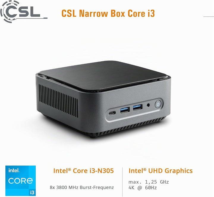Mini PC CSL Narrow Box Core i3 Windows 11 Home, Intel Core i3-N305 8X 3800 MHz Turbotakt, 1000 GB M.