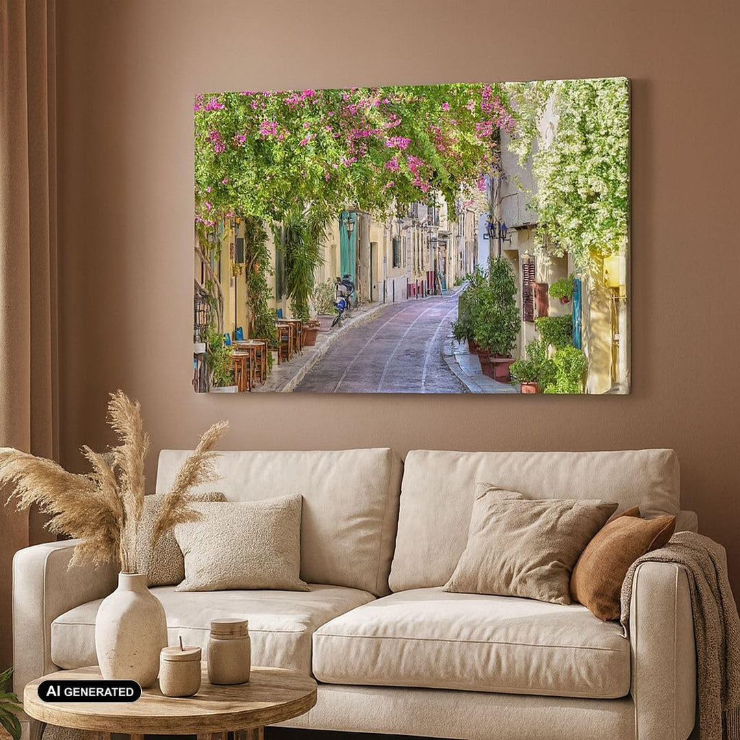 Bilder auf Leinwand 100x70cm Leinwandbild Strasse dekoration blumen griechenland Gross Wanddeko Bild