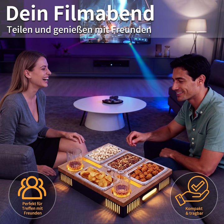 Couchbar Snackbox mit Leuchteffekt Sofa Holz Organizer Tablett Sofatablett, Couch Bar mit Getränkeha