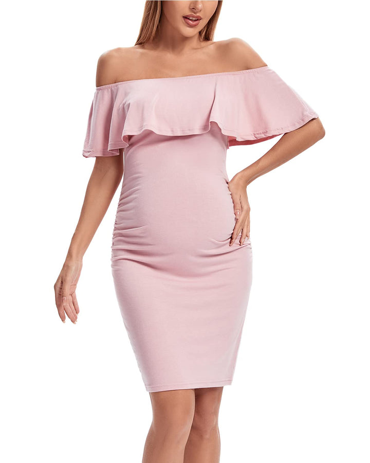 Shen&Qege Umstandskleid Lässig mit Schulterfreiheit, Rüschen, ärmellos, Bodycon, Umstandsmode Sommer