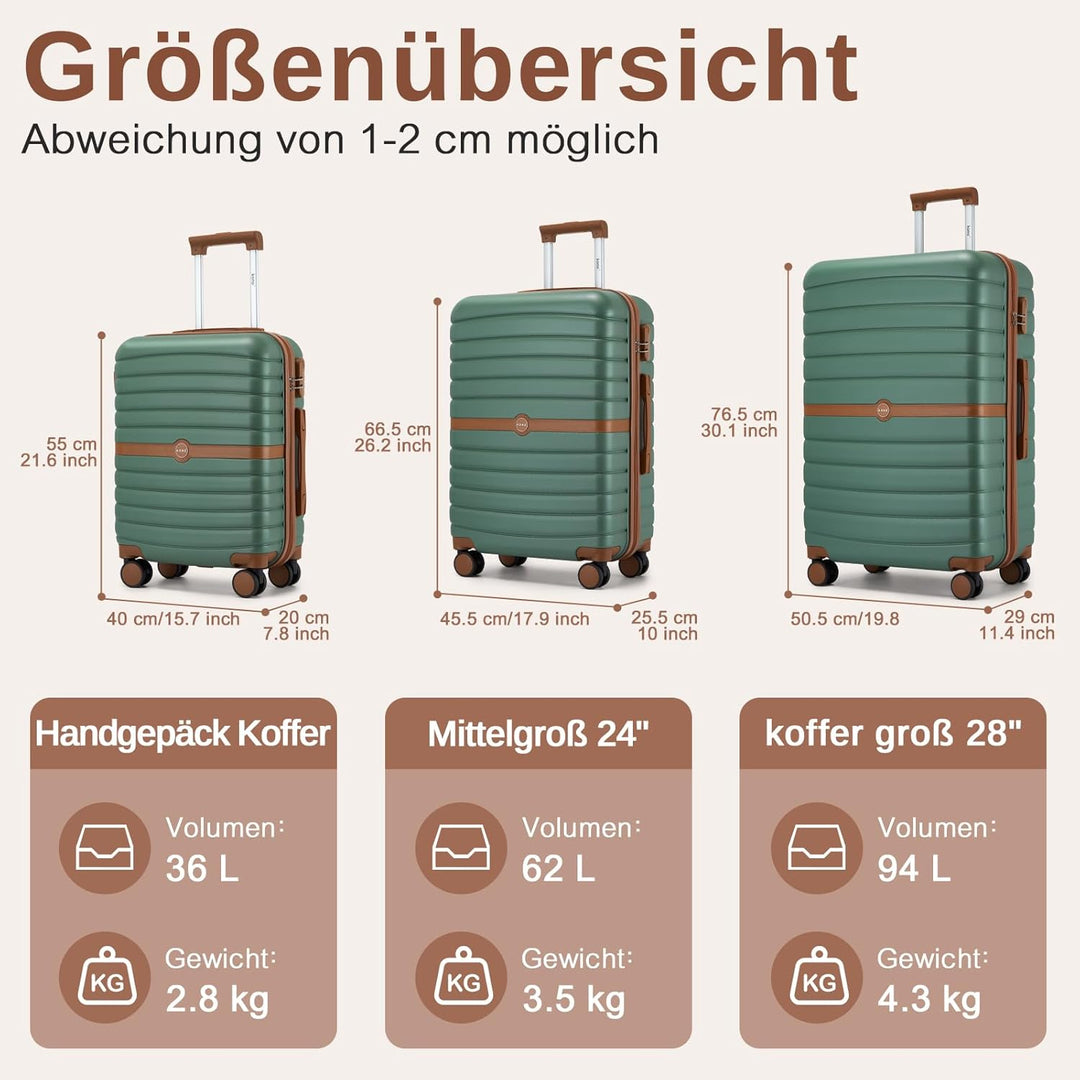 KONO Koffer Reisekoffer Trolley Kofferset 3 Teilig von ABS+PC Hartschalenkoffer mit Zwillingsrollen