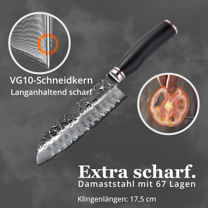 Wakoli EBO Santoku Messer aus echtem Damaststahl (VG10 Kern) 17,5 cm Klinge – Scharfes Damast Küchen