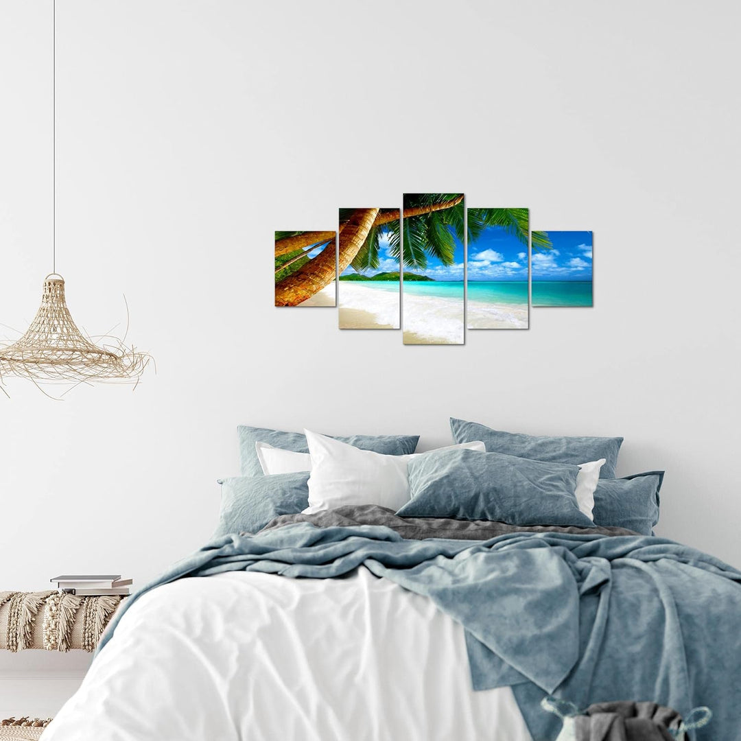 Runa Art Wandbilder Strand Palmen 5 Teilig Bild auf Vlies Leinwand Deko Schlafzimmer Wohnzimmer Meer