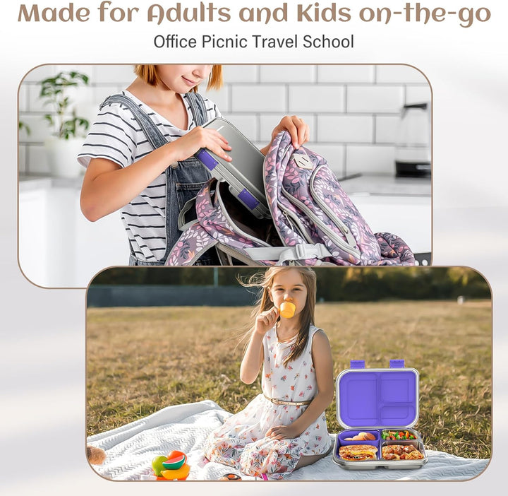 Edelstahl Brotdose Lunchbox Kinder, Metal Bento Lunch Box Auslaufsicher,3 Fächern mit Silikonbehälte