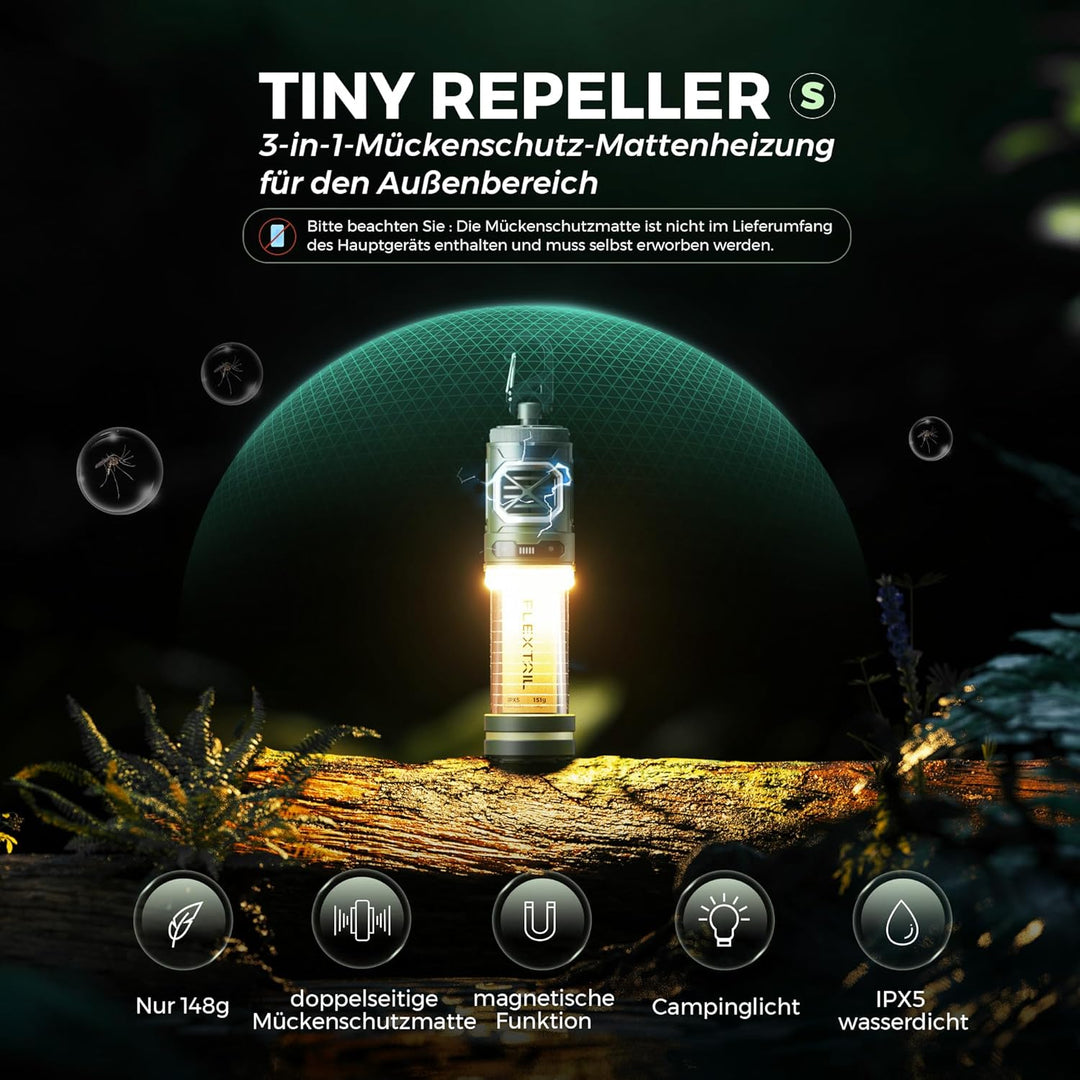 FLEXTAILGEAER Tiny Repeller S, Tragbarer Elektrischer Mückenschutz, mit Campinglampe (Atemlicht, bis