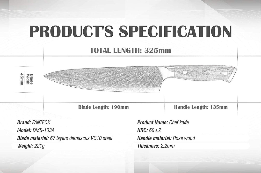 FANTECK Damastmesser Kochmesser 67 Schichten Damaststahl Küchenmesser (8 Zoll Damastmesser), 8 Zoll