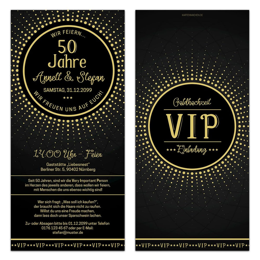 10 x Hochzeitseinladungen individuelle Einladungskarten Goldhochzeit - Schwarz/Gold VIP