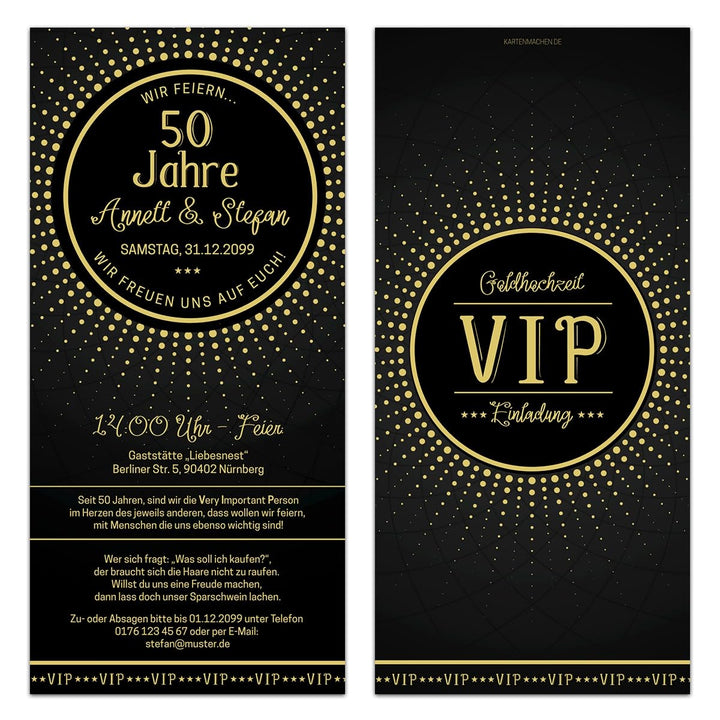 10 x Hochzeitseinladungen individuelle Einladungskarten Goldhochzeit - Schwarz/Gold VIP
