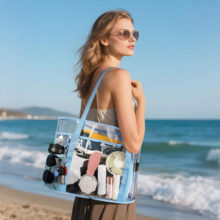 TINYAT Grosse transparente Tragetasche für Damen, transparent, Netzstoff, Strandtasche, Schultertasc