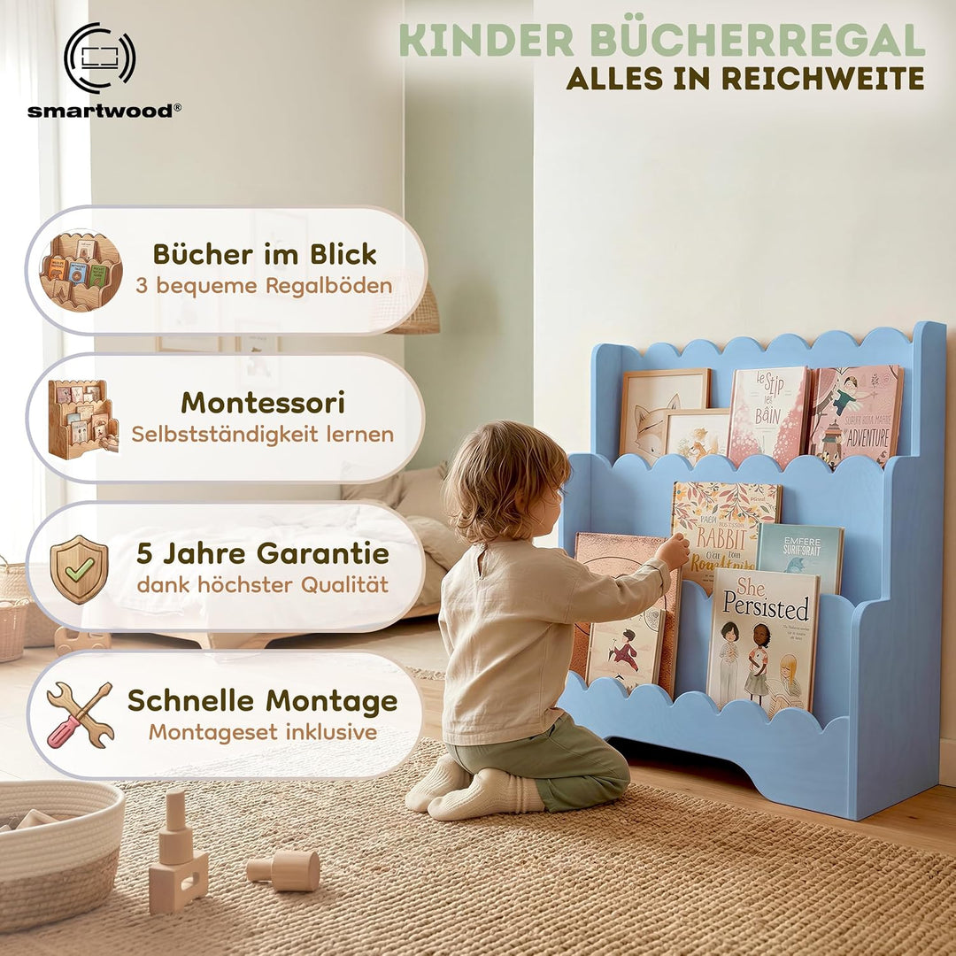 smartwood Montessori Bücherregal Kinder, FSC-Kiefernholz, Blau, LULU | 3-stufig, 64x31,5x71 cm, Einf