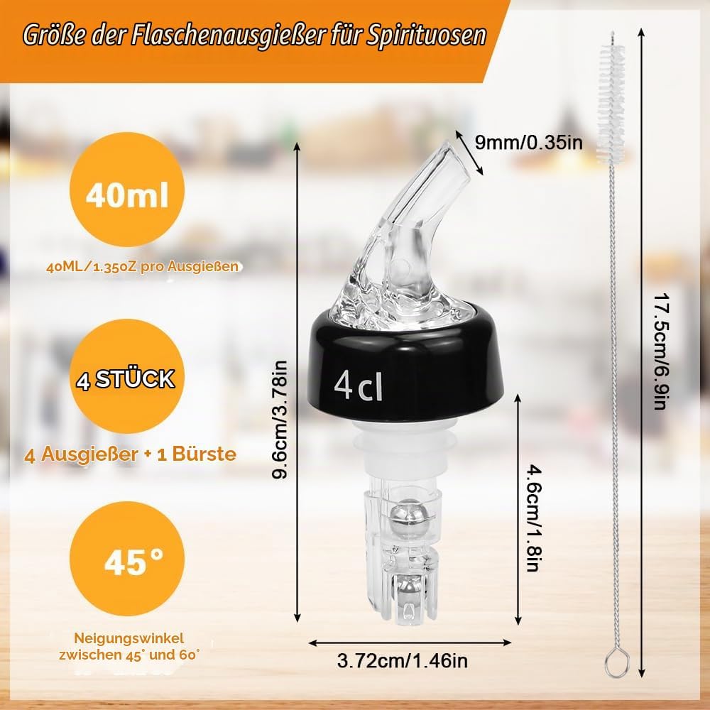4 Stück Flaschenausgiesser Spirituosen 4cl Dosierer für Flaschen, Ausgiesser für Spirituosen 4cl mit