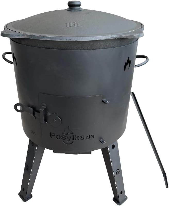 Utschak Feuerofen mit Gusseisen Topf flacher Boden mit Deckel 16 L Ø 44 cm Kazan Holzlöffel, Schauml