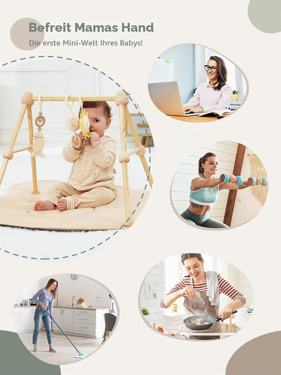 4 IN 1 Bär Spielbogen Baby, Spielmatte Babies mit Natur Holz Activity Spielbogen, 3 abnehmbaren Spie