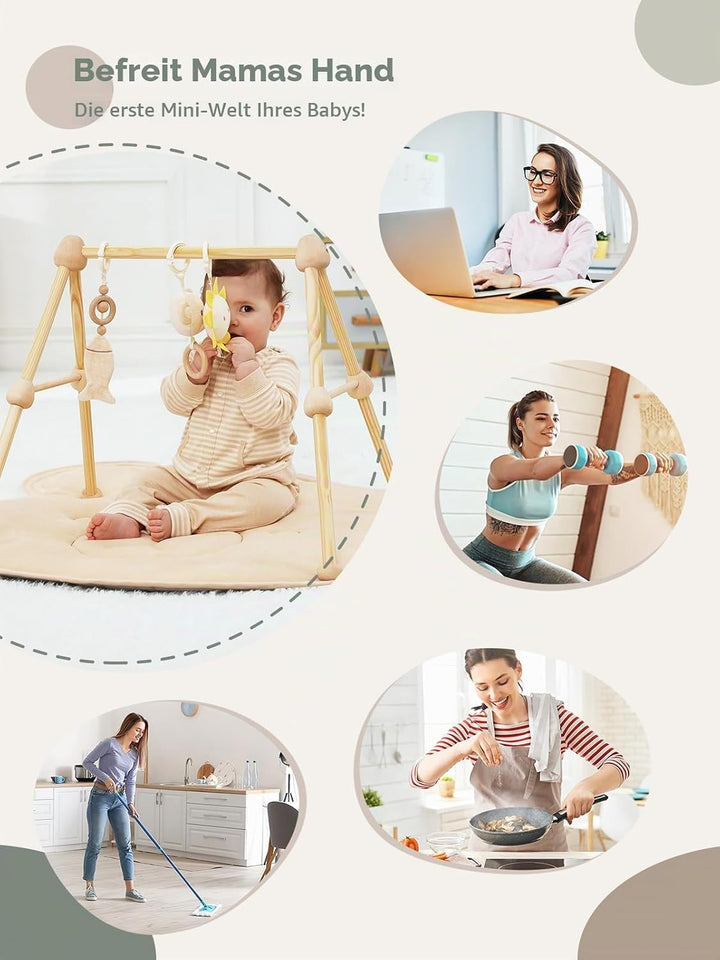 4 IN 1 Bär Spielbogen Baby, Spielmatte Babies mit Natur Holz Activity Spielbogen, 3 abnehmbaren Spie