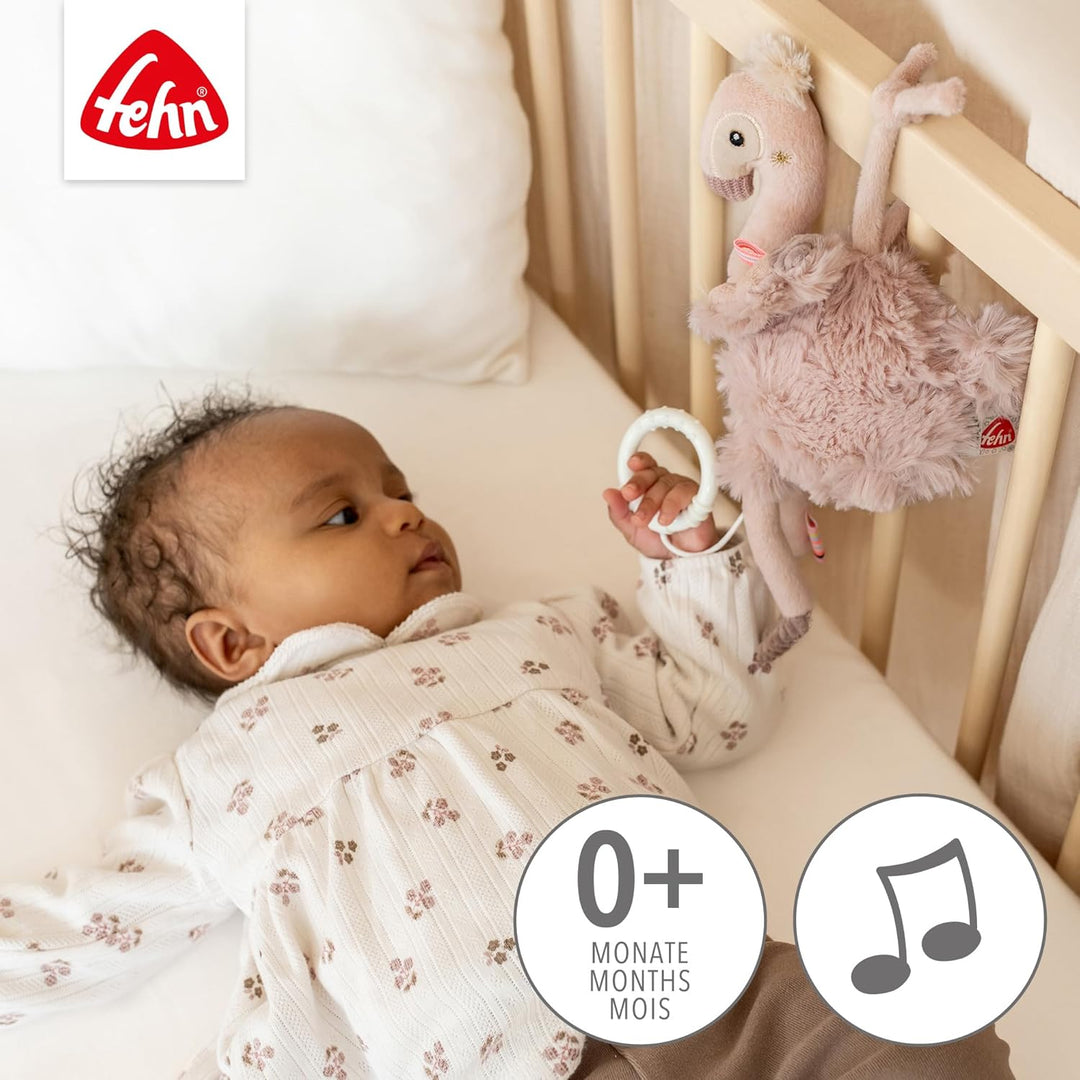 Fehn Mini-Spieluhr Flamingo – Kuscheltier & Einschlafhilfe: Aufzieh-Spieluhr mit sanfter Melodie Sch