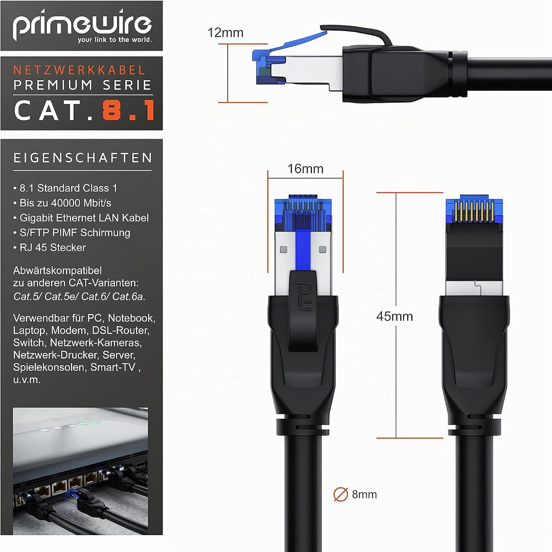 Primewire - CAT 8 Netzwerkkabel 10m - LAN Kabel Patchkabel Datenkabel - CAT8.1 High Speed Gigabit Et