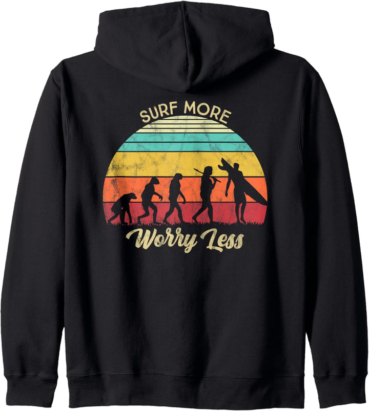 Surfer Evolution, Surf mehr Sorgen Weniger Surfboard Retro Kapuzenjacke