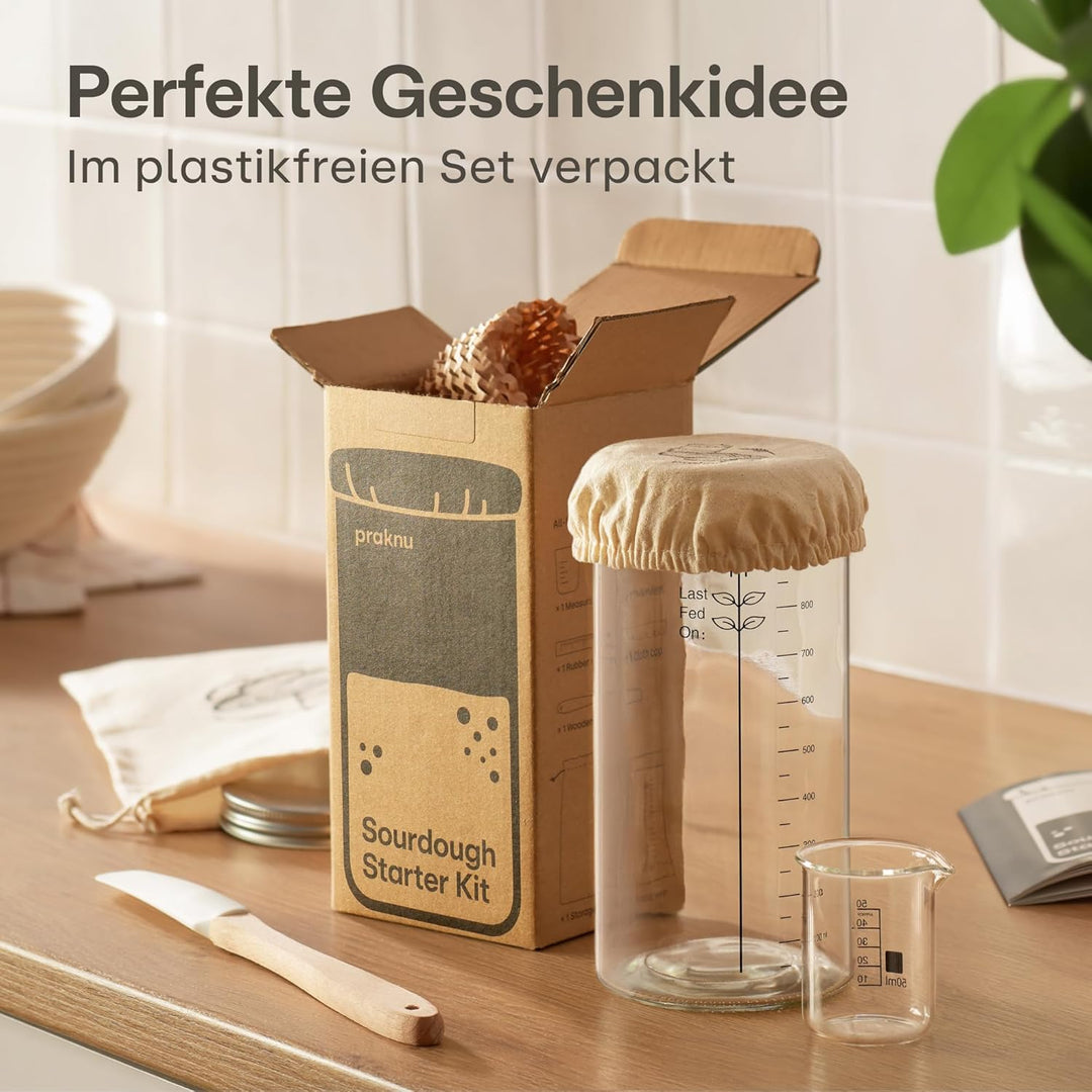 Praknu Sauerteig Starter Set aus Glas (1000ml) Komplett-Set mit Anleitung für Einsteiger & Zuhause b