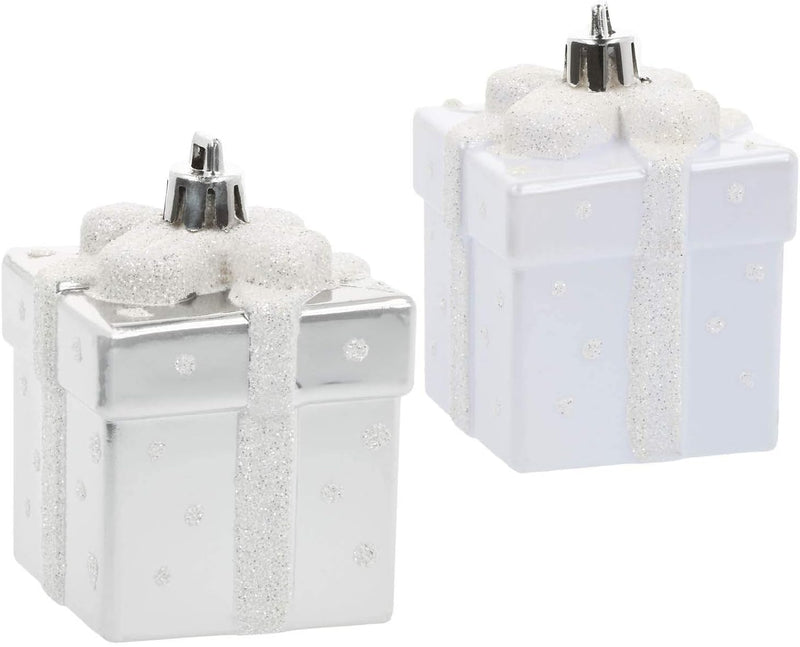 com-four® 10x Christbaumanhänger-Set Tannenbaum-Zapfen und Geschenke in silberfarben, weiss bruchfes