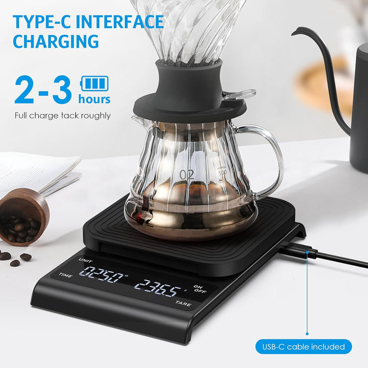 Brifit Kaffeewaage mit Timer, Espresso Waage 3kg/0.1g, Hochpräzise Feinwaage, USB Wiederaufladbare K