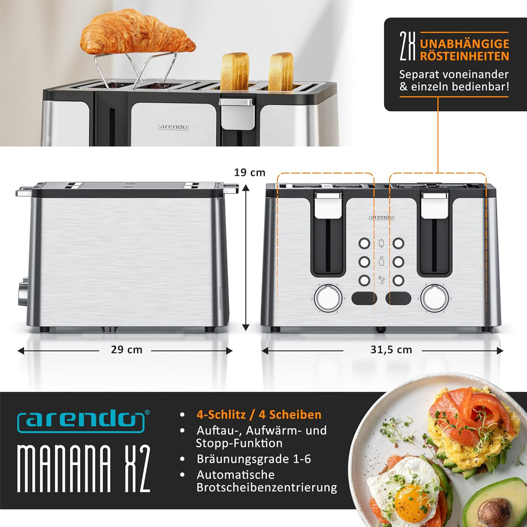 Arendo - Toaster 4 Scheiben Edelstahl - mit Brötchenaufsatz - 4 Schlitze - LED Anzeige Restzeitanzei