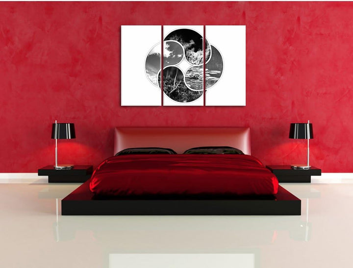 Pixxprint Die Vier Elemente Kunst B&W / 3-Teilig/Gesamtmass 120cm Leinwandbild bespannt auf Holzrahm