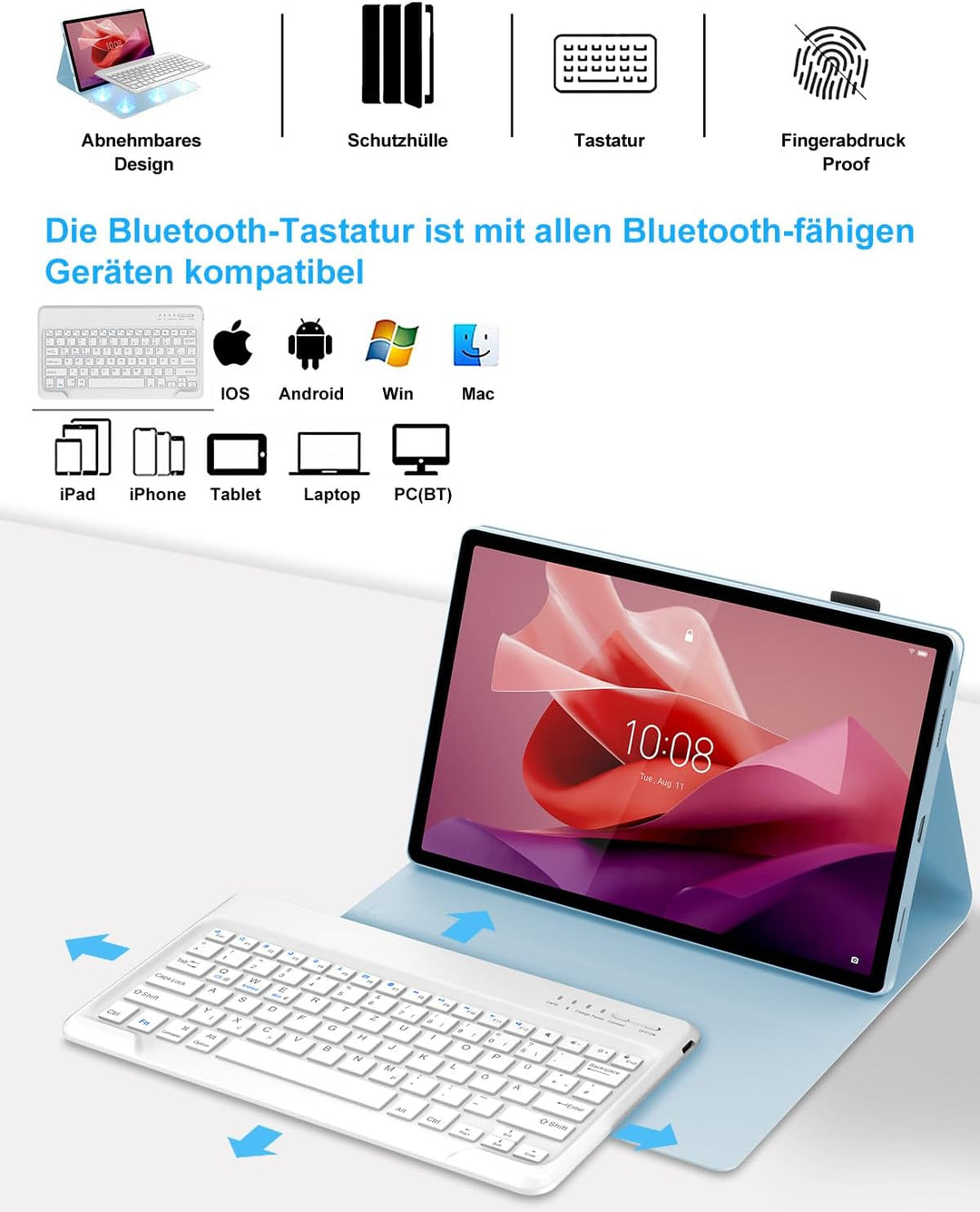 Tastatur Hülle für Lenovo Tab P12 12.7" 2023, QWERTZ Layout, Hülle Tastatur mit Magnetisch Abnehmbar