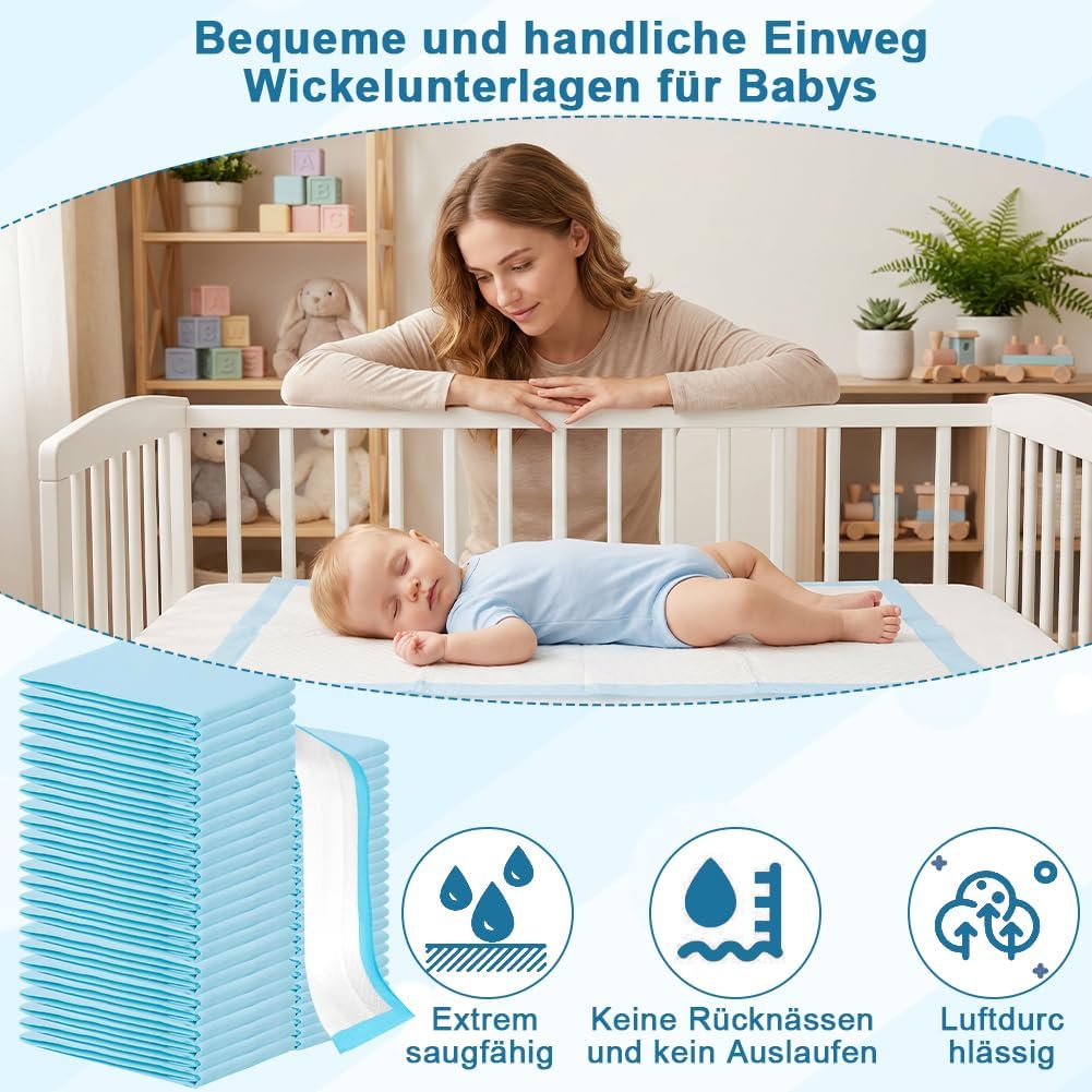 50 Stück Einweg-Windelunterlagen Baby 5x60cm, Wasserdicht &amp; 7-lagig saugstarke Inkontinenzunterlage,