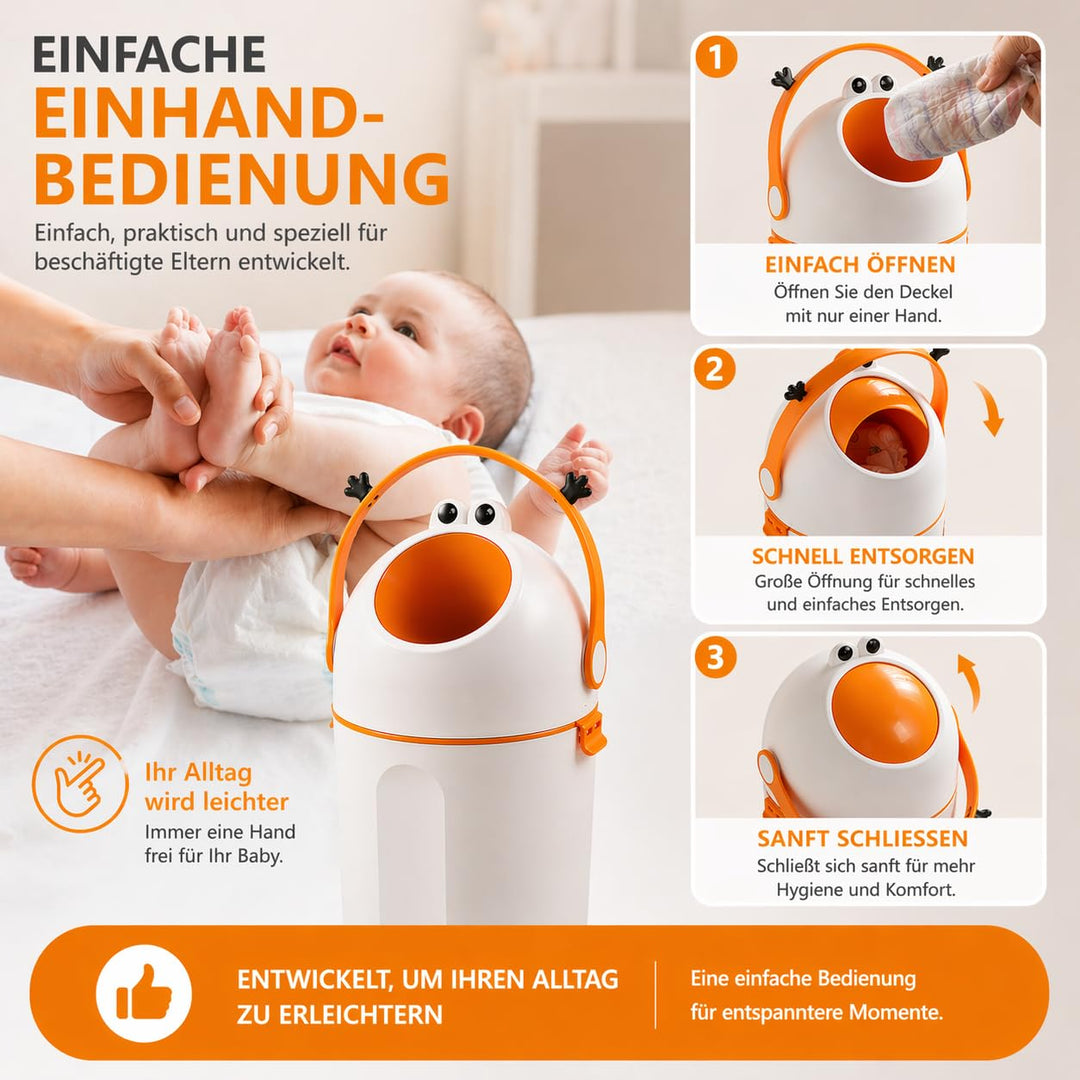 Windeleimer 15L mit Frosch-Design, Einhand-Bedienung durch Zugbügel, geruchsdicht durch Deckelmechan