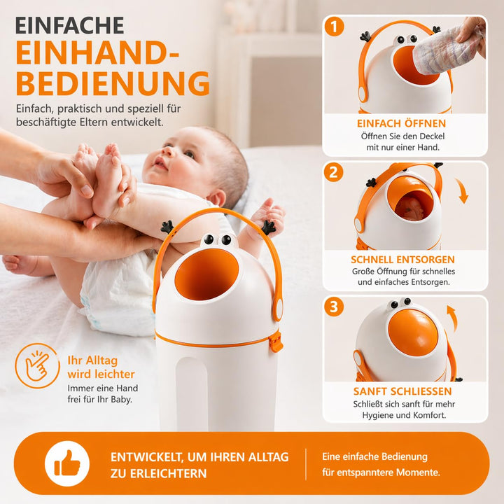 Windeleimer 15L mit Frosch-Design, Einhand-Bedienung durch Zugbügel, geruchsdicht durch Deckelmechan