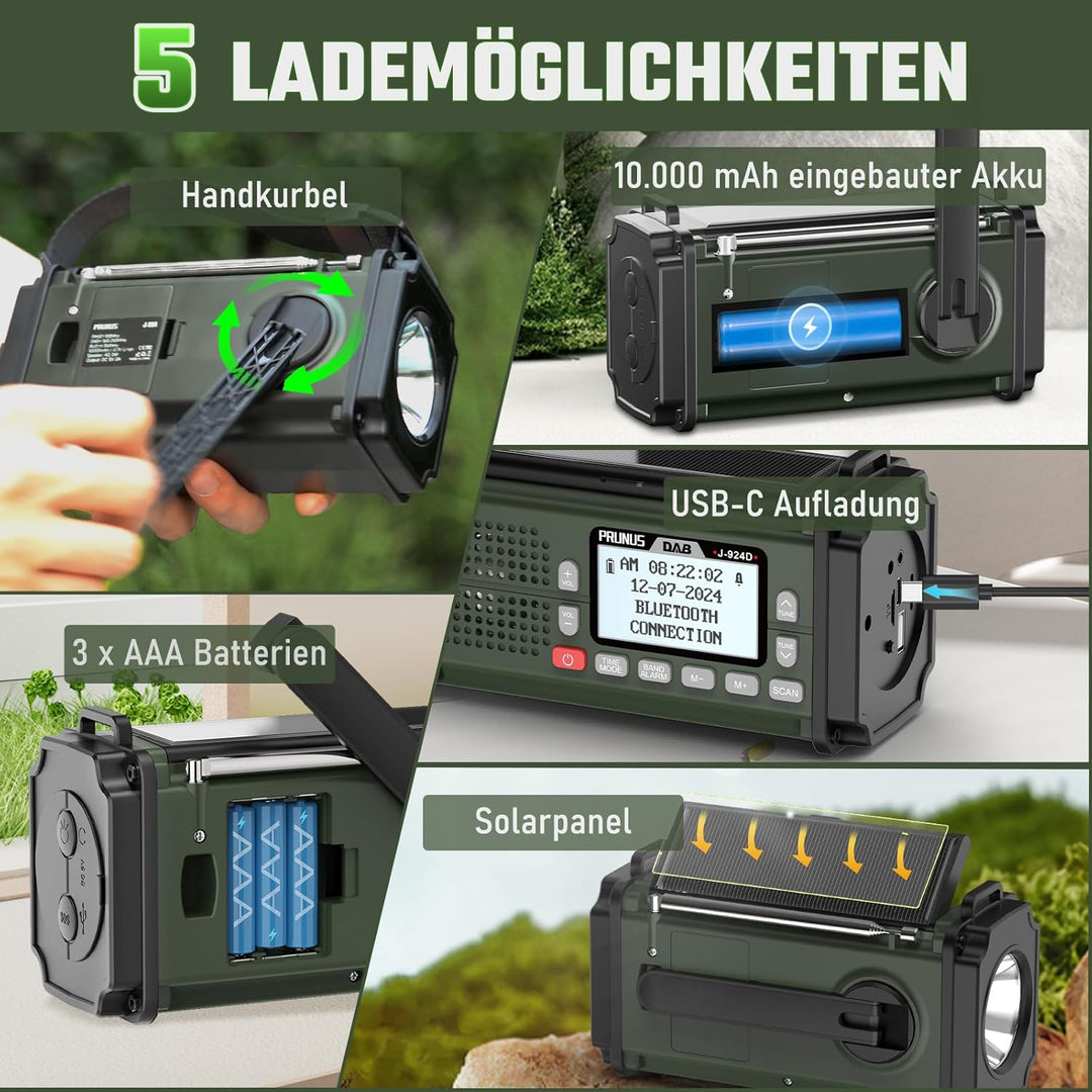 PRUNUS J-924 Digital Radio DAB/DAB+/UKW, Kurbelradio Notfall mit 10000mAh Akku, DAB Radio mit Blueto