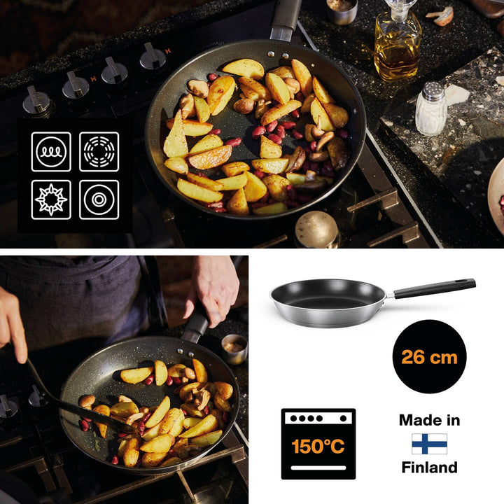 Fiskars Bratpfanne, Ø 26 cm, Für alle Kochfelder geeignet, Rostfreier Stahl/Kunststoff, Kratzfest, H