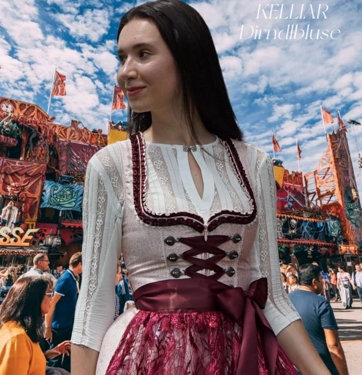 Dirndl Bluse Damen Hochgeschlossen Langärmlig 3/4 Arm V-Ausschnitt Atmungsaktiv mit Spitze Elegante