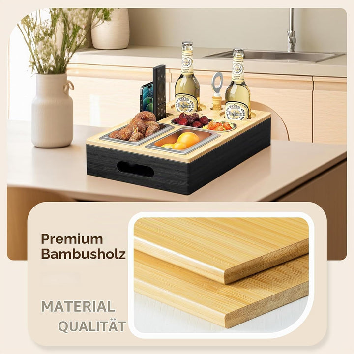 Couchbar Snackbox aus Bambusholz mit 3 Edelstahl-Schalen, Sofa Butler Organizer Tablett mit Getränke