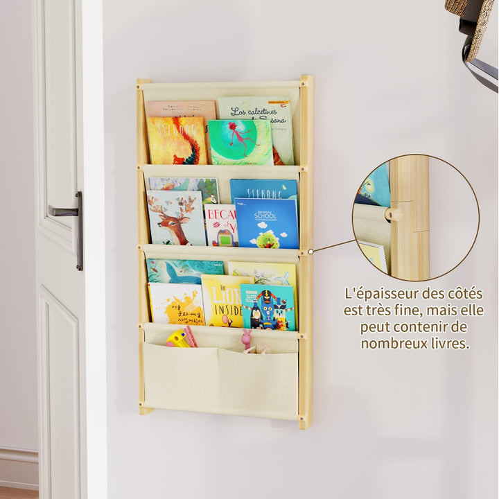Bücherregal Kinder Wand Holz, mit 4 Lagige Taschen Wandregal Bücher Kinder, Montessori Bücherregal f