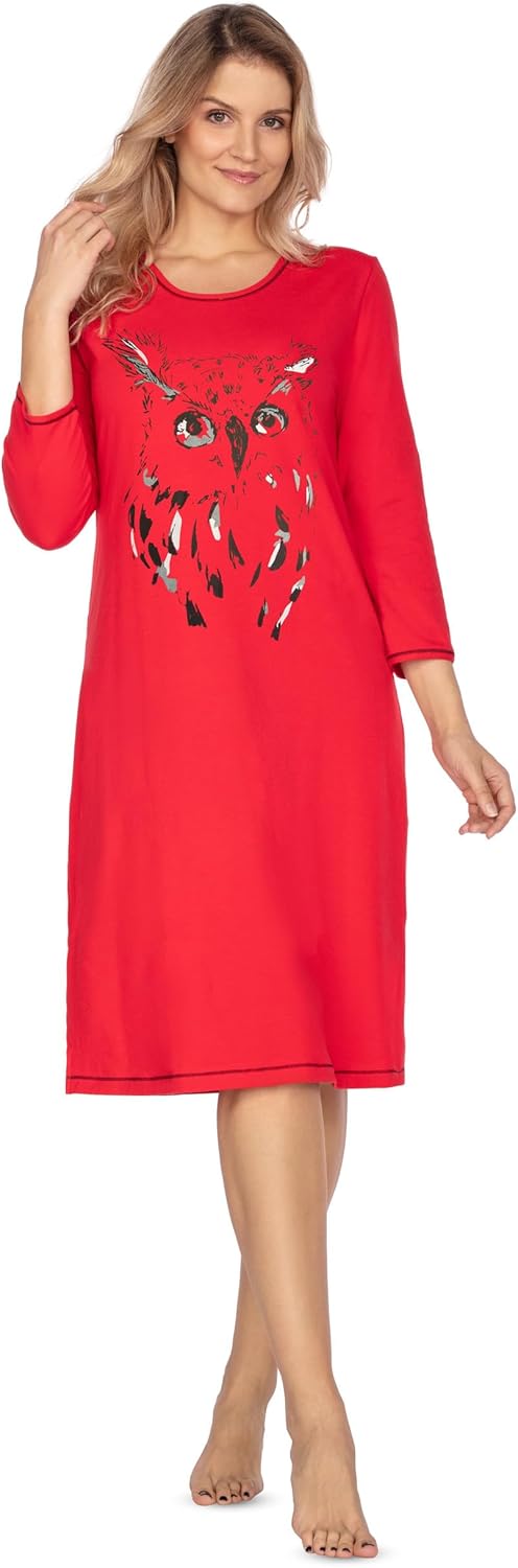 e.Femme® Damen Nachthemd Jenny 1113 aus 93% Baumwolle und 7% Elasthan, mit Eule Rot 36, Rot 36