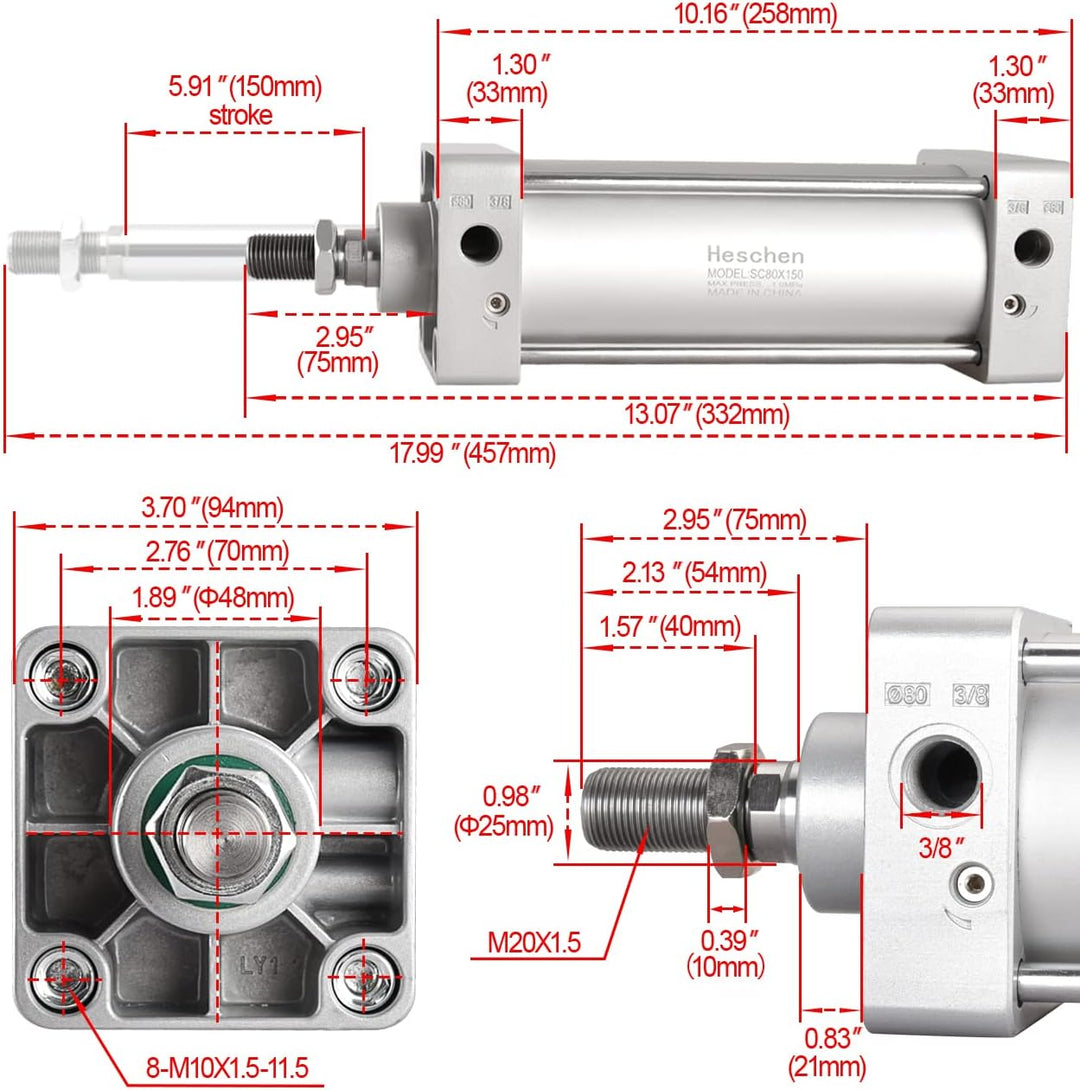 Heschen Pneumatischer Standard-Luftdruckzylinder, SC 80-150, PT3/8 Anschluss, 80mm Bohrung, 150mm Hu